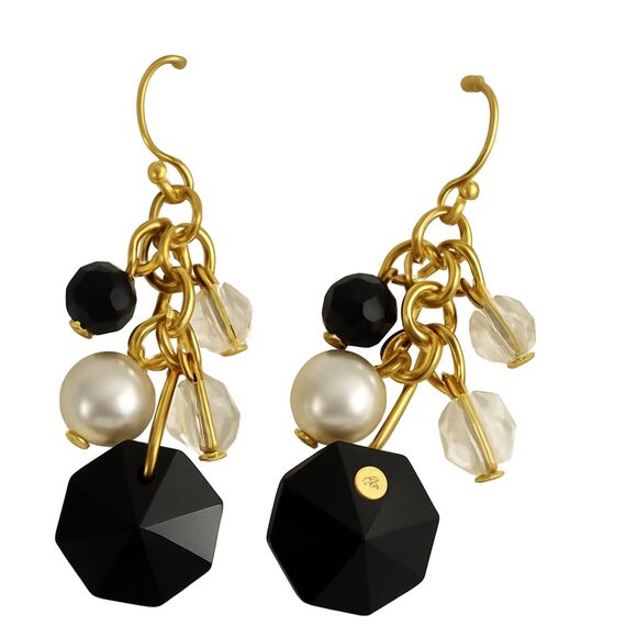 NWT New Directions Gold Tone Dangle Earrings Black Faux Pearl Crystal Beads 1.5" - Picture 1 of 3